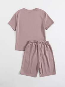 SHEIN 男孩素色圓領T恤和運動短褲套裝 - 藕粉色 - 查看 2