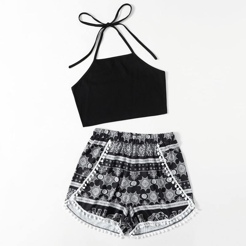 

Solid Halter Top & Graphic Shorts, Black and white