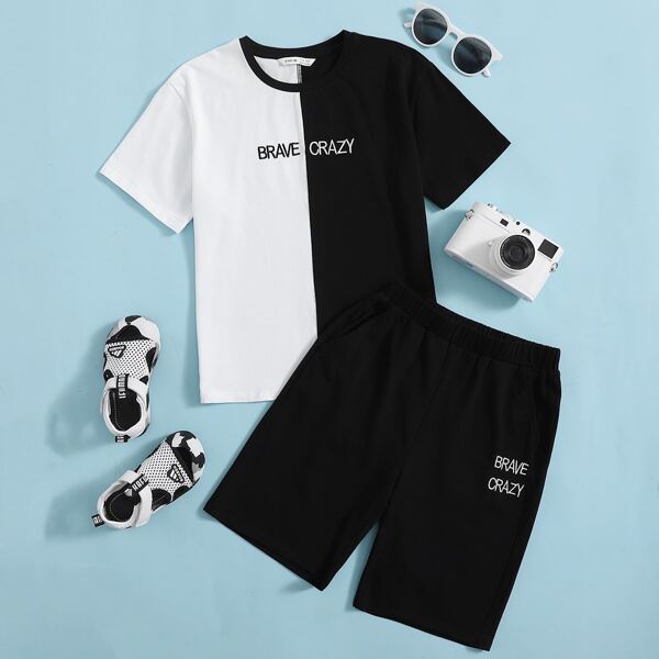 

Boys Letter & Colorblock Graphic Tee & Shorts Set, Black and white