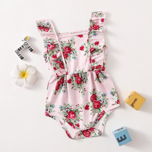 

Baby Girl Floral Print Ruffle Trim Bodysuit, Baby pink