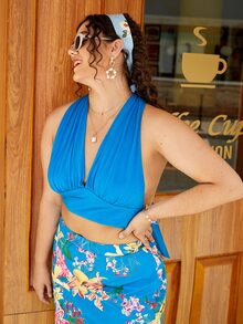 SHEIN Unity Plus Tie Backless Halter Top - Blue - View 5