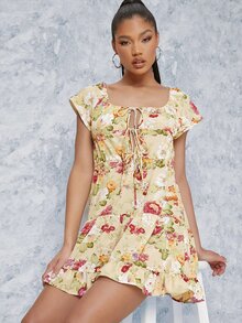 SHEIN Unity 印花打結荷葉邊罩衫式連衣裙 - 彩色 - 查看 3