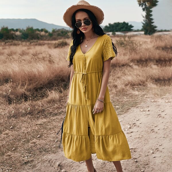 

Solid Drawstring Waist Split Hem Dress, Yellow