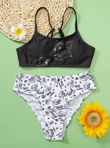 TOM & JERRY X SHEIN Tween Girl Cartoon Graphic Bikini Set Summer Beach - Black and White - View 1