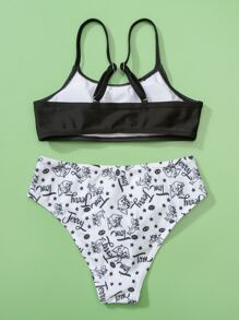 TOM & JERRY X SHEIN Tween Girl Cartoon Graphic Bikini Set Summer Beach - Black and White - View 2