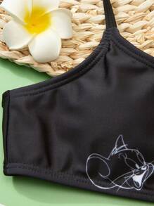 TOM & JERRY X SHEIN Tween Girl Cartoon Graphic Bikini Set Summer Beach - Black and White - View 5