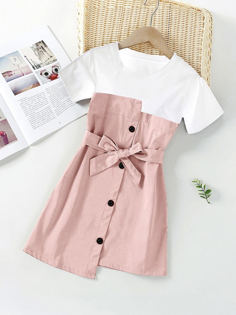 Girls Button Front Belted Combo Fitted Dress - Dusty Pink - View 1