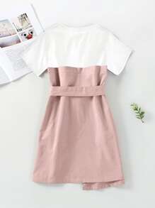 Girls Button Front Belted Combo Fitted Dress - Dusty Pink - View 2