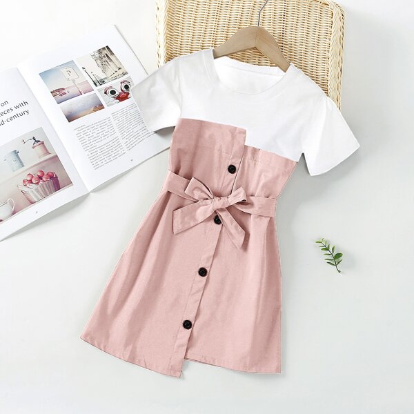 

Girls Button Front Belted Combo Fitted Dress, Dusty pink
