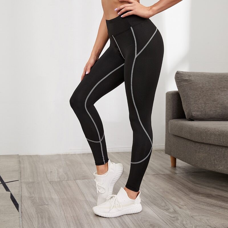 

Contrast Topstitching Sports Leggings, Black