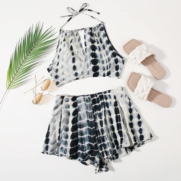 

Tied Open Back Halter Top & Shorts Set, Black and white