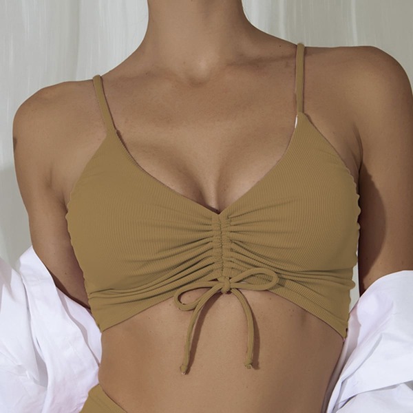 

Rib Drawstring Front Tankini Top, Khaki