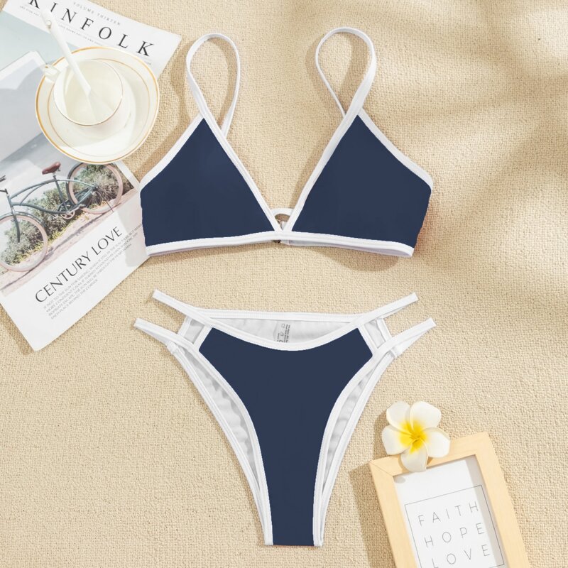 

Contrast Binding Cut-out Bikini Swimsuit, Navy blue