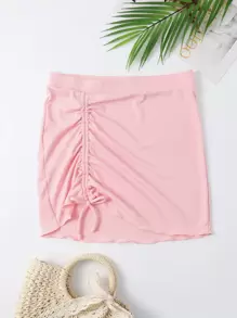 Falda con cordón en el frente acanalada, para vacaciones de verano - Rosa - Ver 1