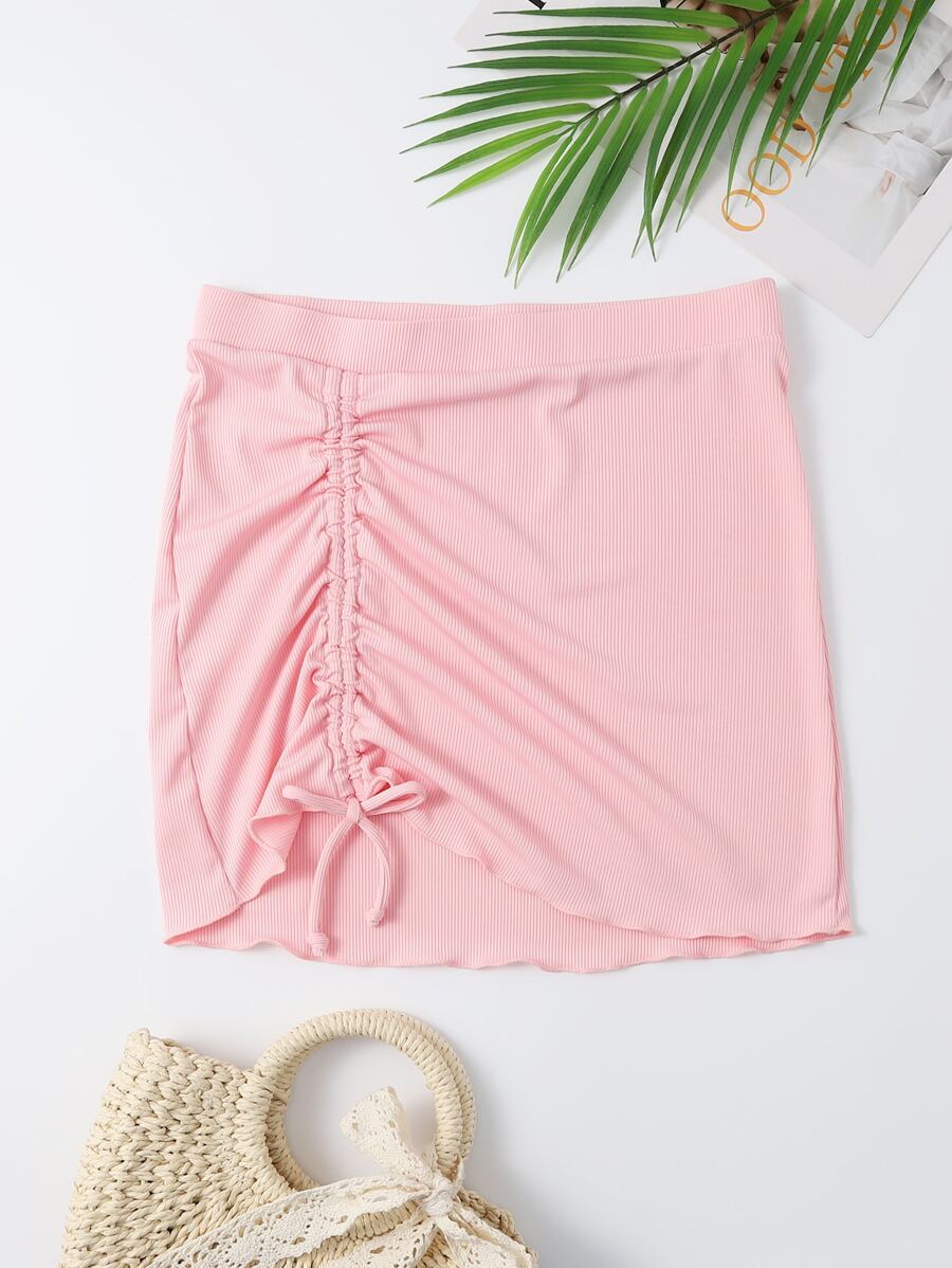 Falda con cordón en el frente acanalada, para vacaciones de verano - Rosa - Ver 1