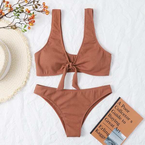 

Textured Knot Front Bikini Swimsuit, Brown