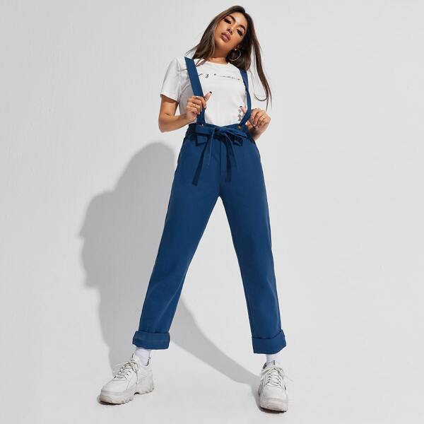 

High Waist Belted Straight Leg Pants With Straps, Blue