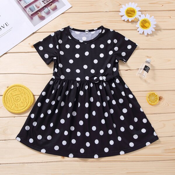 

Toddler Girls Polka Dot Bow Smock Dress, Black