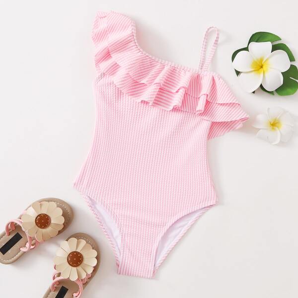

Baby Girl Striped Ruffle Trim One Piece Swimsuit, Baby pink