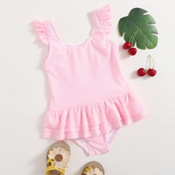 

Toddler Girls Ruffle Trim One Piece Swimsuit, Baby pink