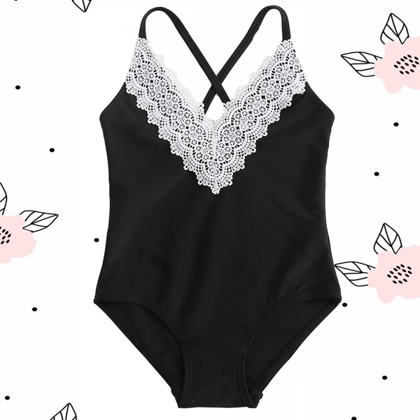 

Toddler Girls Contrast Lace V Neck One Piece Swimsuit, Black
