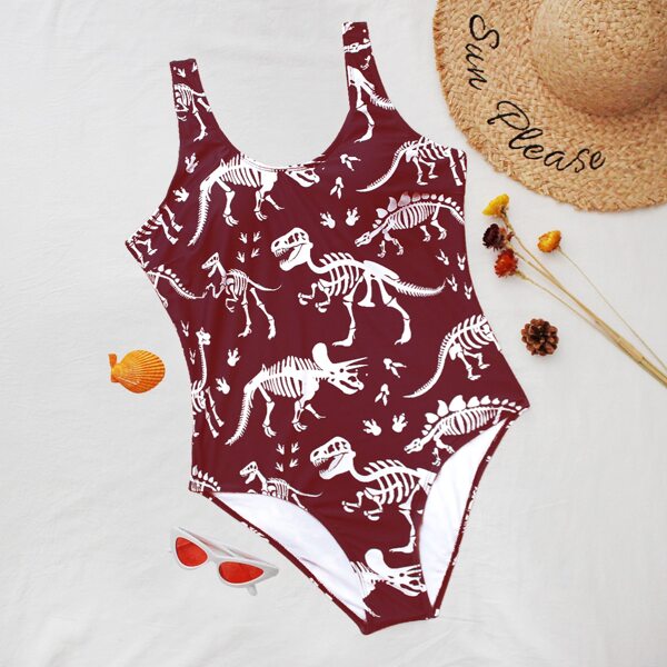 

Plus Dinosaur Print One Piece Swimsuit, Red and white