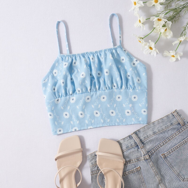 

Floral Print Shirred Crop Cami, Baby blue