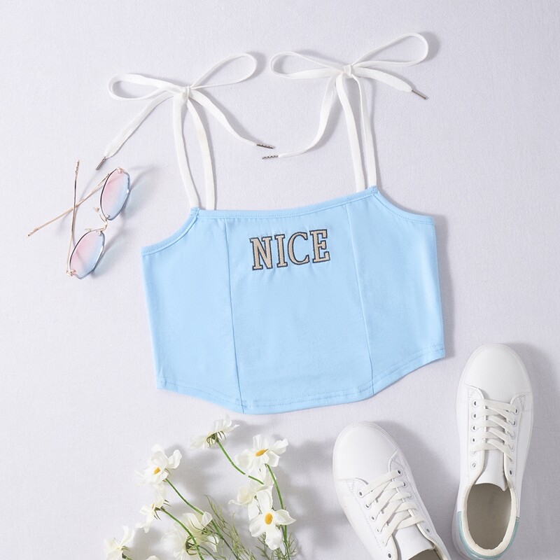 

Letter Embroidery Tie Shoulder Crop Cami, Baby blue