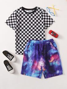 SHEIN Boys Checked Print Tee & Galaxy Print Shorts Set - Multicolor - View 1