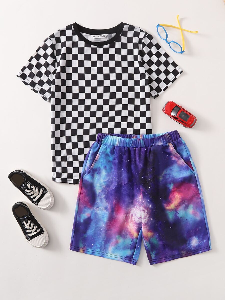 SHEIN Boys Checked Print Tee & Galaxy Print Shorts Set - Multicolor - View 1
