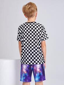 SHEIN Boys Checked Print Tee & Galaxy Print Shorts Set - Multicolor - View 2