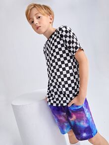 SHEIN Boys Checked Print Tee & Galaxy Print Shorts Set - Multicolor - View 5