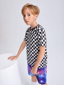 SHEIN Boys Checked Print Tee & Galaxy Print Shorts Set - Multicolor - View 6