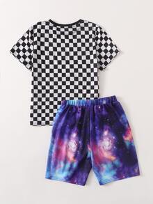 SHEIN Boys Checked Print Tee & Galaxy Print Shorts Set - Multicolor - View 7