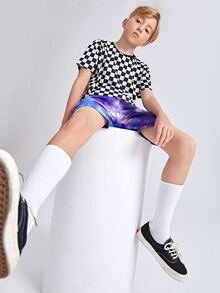 SHEIN Boys Checked Print Tee & Galaxy Print Shorts Set - Multicolor - View 8