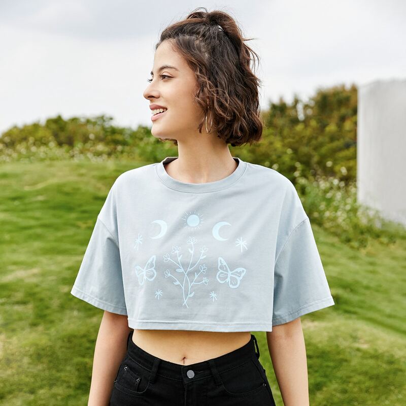 

Sun & Moon Butterfly Graphic Crop Tee, Dusty blue