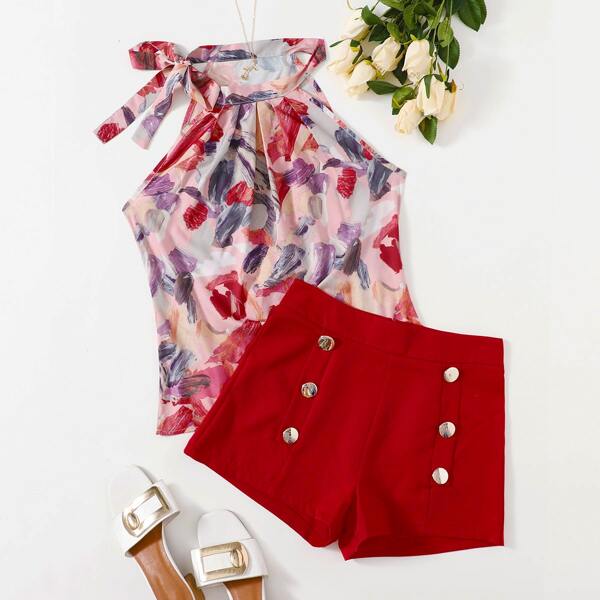

Graphic Print Knot Halter Top & Shorts, Multicolor