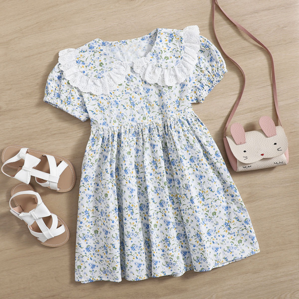 

Toddler Girls Ditsy Floral Print Peter Pan Collar Smock Dress, Baby blue