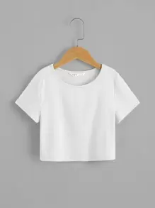SHEIN Tween Girl Round Neck Solid Tee - White - View 1