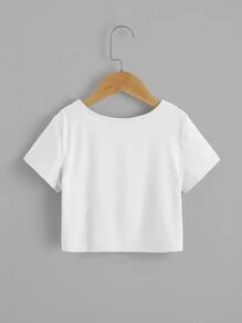 SHEIN Tween Girl Round Neck Solid Tee - White - View 2