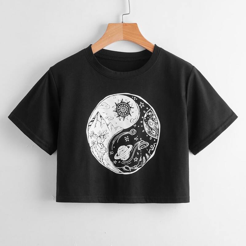 

Yin And Yang Graphic Crop Tee, Black