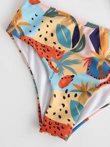 SHEIN Swim 夏季海灘植物與動物印花打結前扣比基尼套裝 - 彩色 - 查看 5