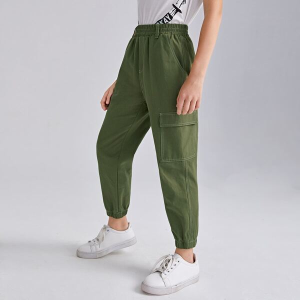 

Boys Contrast Stitch Flap Pocket Cargo Pants, Army green