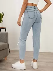 SHEIN High Waist Destroyed Mom Jeans - Light Wash - View 2