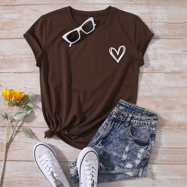 

Heart Print Crew Neck Tee, Chocolate brown