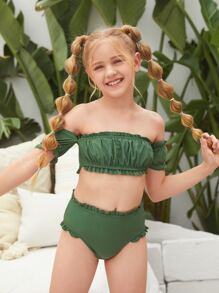 Tween Girl Frill Off The Shoulder Bikini Set Summer Beach - Army Green - View 1