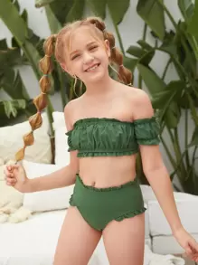 Tween Girl Frill Off The Shoulder Bikini Set Summer Beach - Army Green - View 4