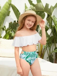 Tween Girl Random Tropical Ruffle Bardot Bikini Set Summer Beach - Multicolor - View 1