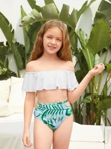 Tween Girl Random Tropical Ruffle Bardot Bikini Set Summer Beach - Multicolor - View 4