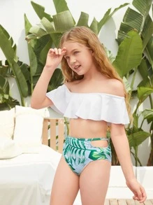 Tween Girl Random Tropical Ruffle Bardot Bikini Set Summer Beach - Multicolor - View 5